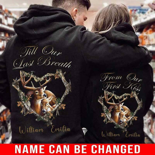 From Our First Kiss Till Our Last Breath Deer Printed Couple Graphic Hoodie